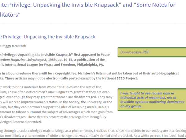ARTICLE:  White Privilege: Unpacking the Invisible&nbsp;Knapsack
