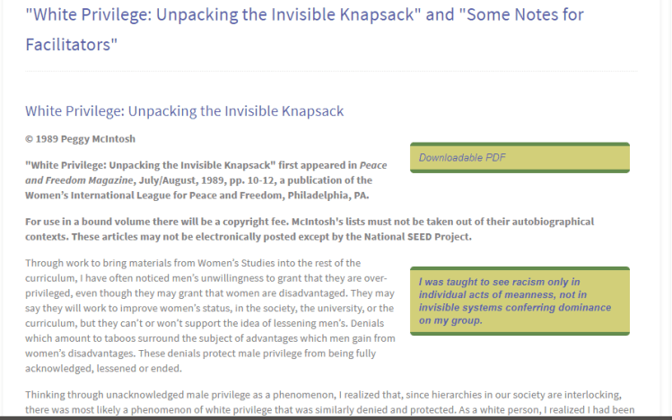 ARTICLE:  White Privilege: Unpacking the Invisible&nbsp;Knapsack